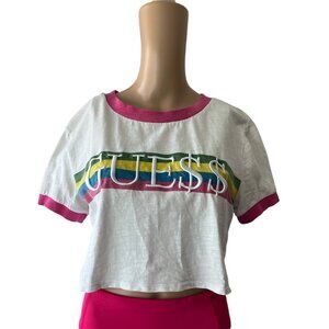 Guess Cropped Pink Striped Size S Rainbow Money T-Shirt